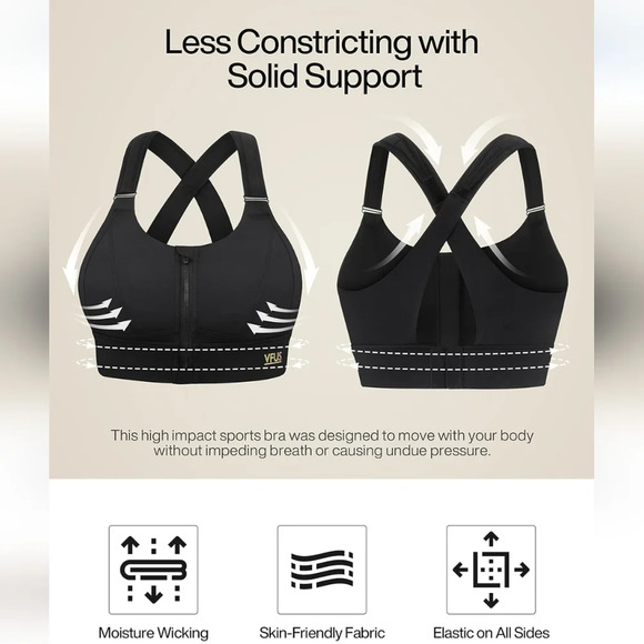 Adjustable High Impact Sports Bra with Zipper - Black - Picture 3 of 8